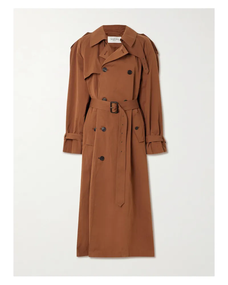 Saint Laurent Double-breasted Belted Cotton And Silk-blend Trench Coat - Brown Brown
