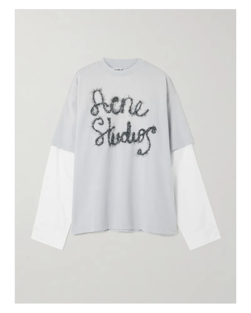 Acne Studios Layered Embroidered Cotton-jersey And Poplin T-shirt - Blue Blue