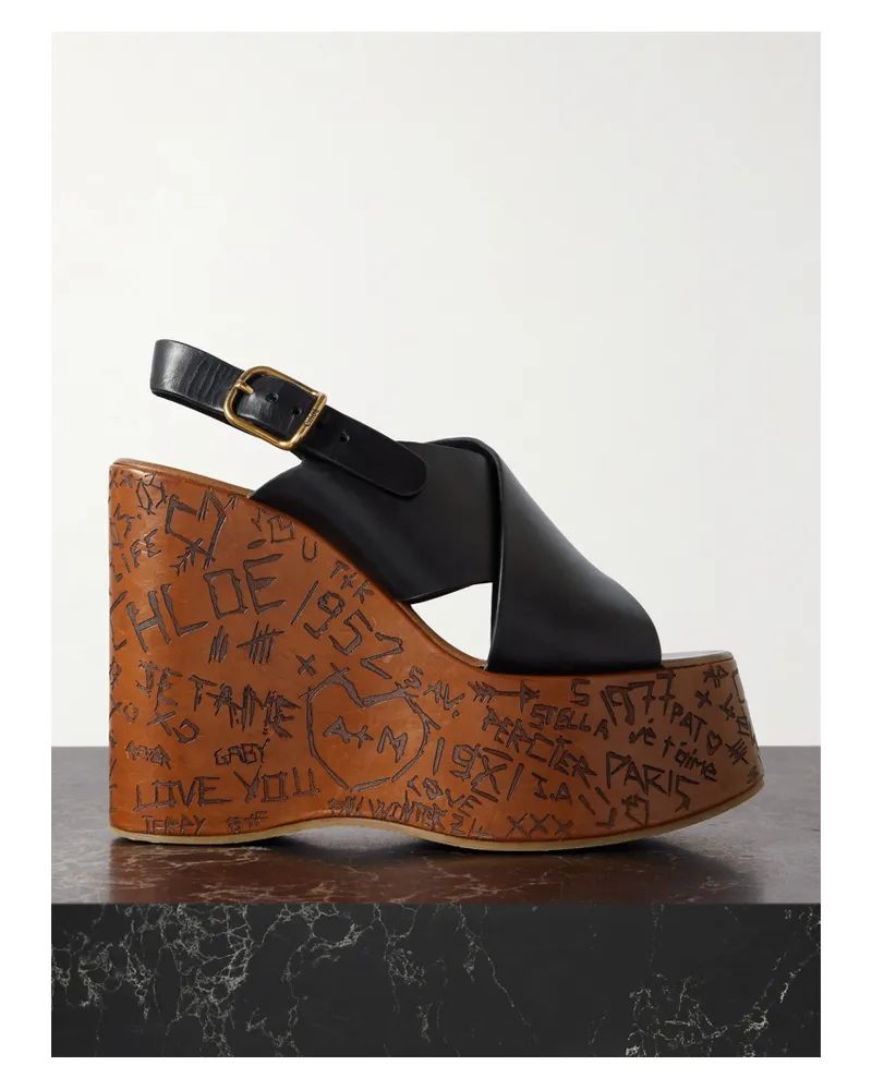 Chloé Maxime Leather Slingback Platform Wedge Sandals - Black Black