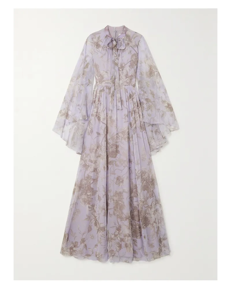 Erdem Chiara Robe Aus Bedrucktem Voile Mit Cape-effekt Zum Binden - Lila Lila