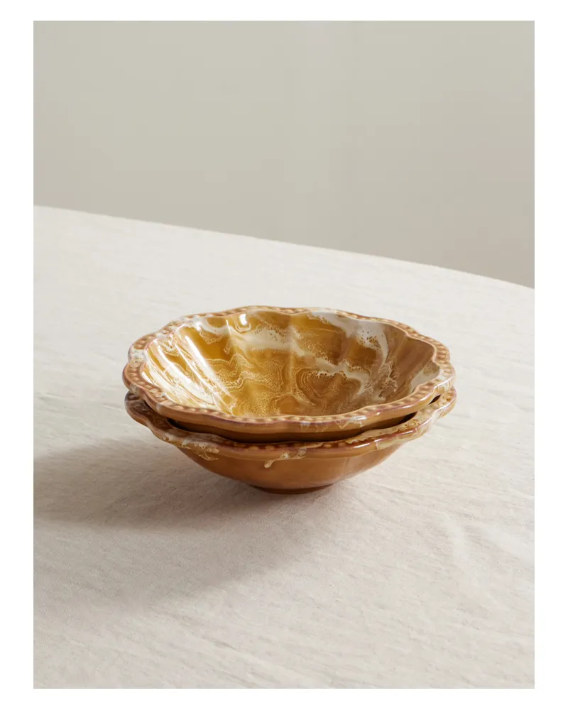 CABANA Set Of Two Small Scalloped Ceramic Bowls - Orange Orange