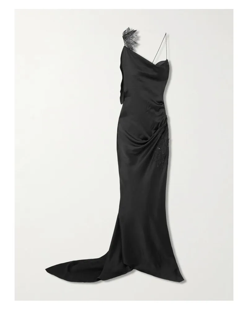 Victoria Beckham Asymmetrische Robe Aus Satin Mit Spitzenbesätzen, Pailletten Und Raffungen - Schwarz Schwarz