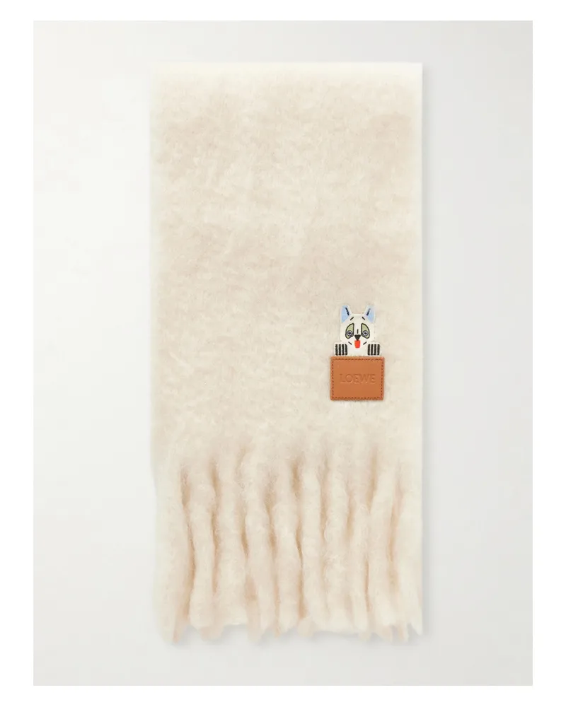 Loewe Louis Wain Appliquéd Embroidered Fringed Mohair-blend Scarf - White White