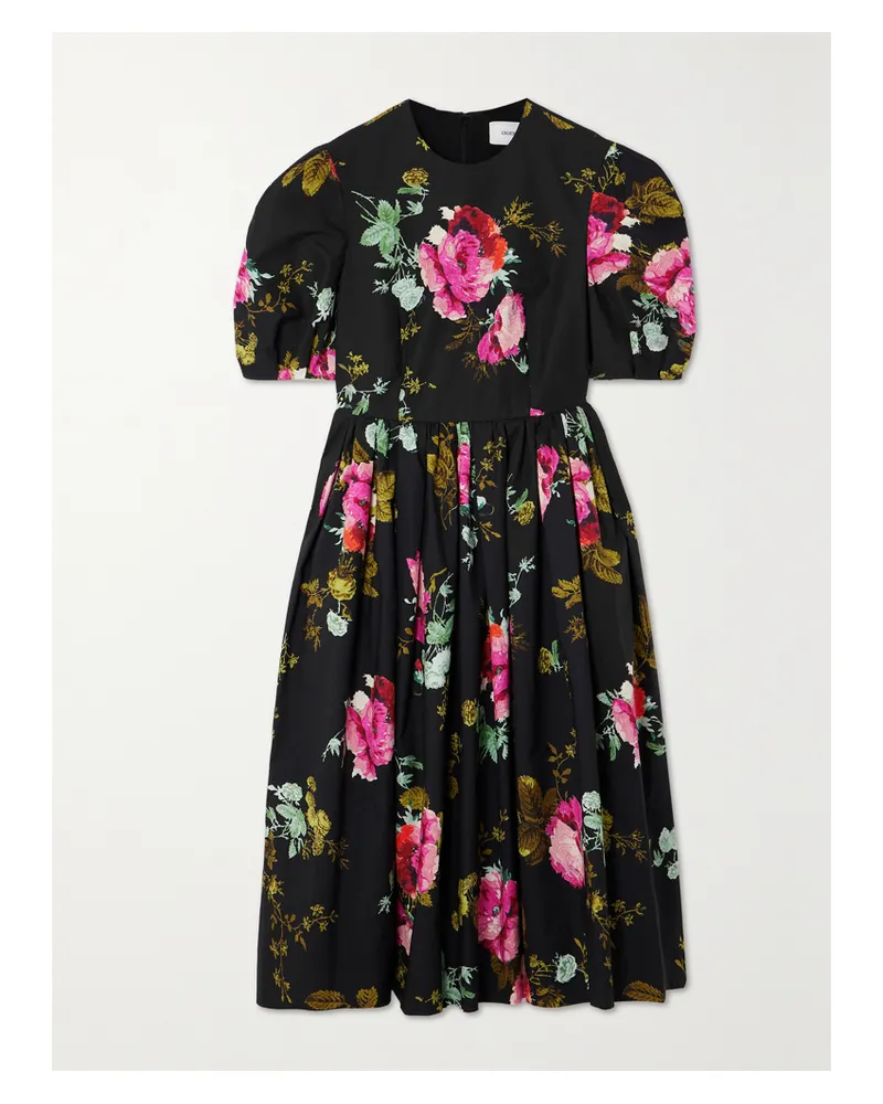 Erdem Midikleid Aus Baumwoll-faille Mit Blumenprint Und Raffungen - Schwarz Schwarz