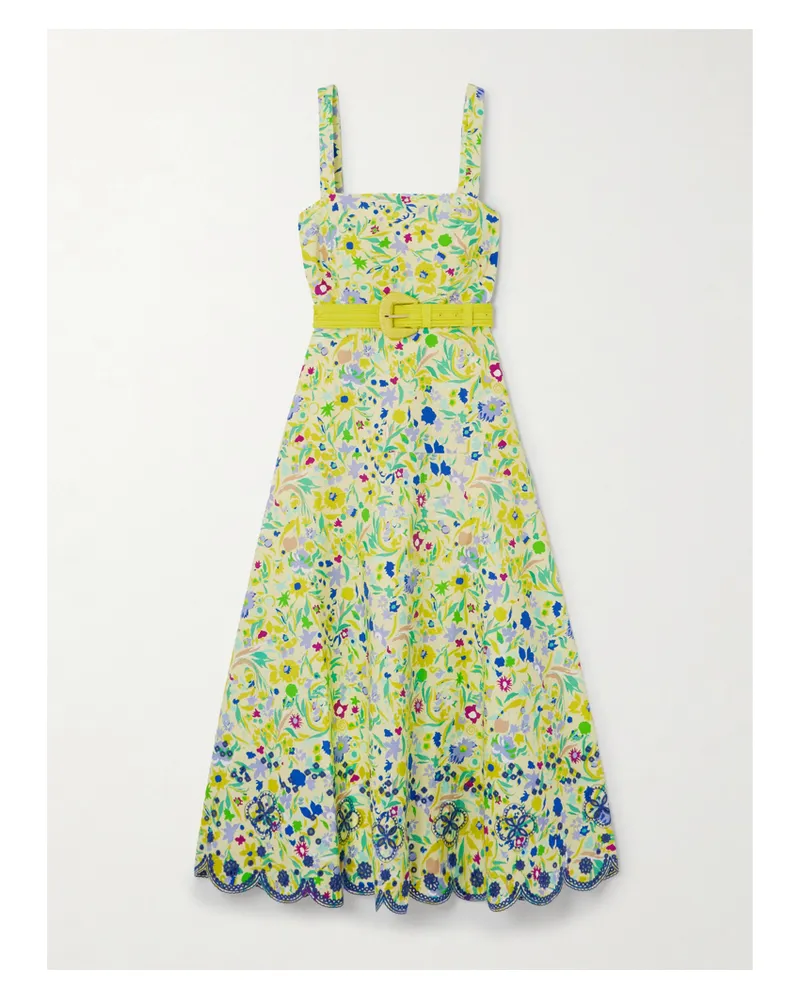 Saloni Aubrey B Midikleid Aus Baumwolle Mit Lochstickerei, Blumenprint Und Gürtel - Gelb Gelb