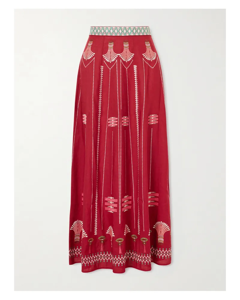 Emporio Sirenuse Embroidered Linen And Cotton-blend Maxi Skirt Red