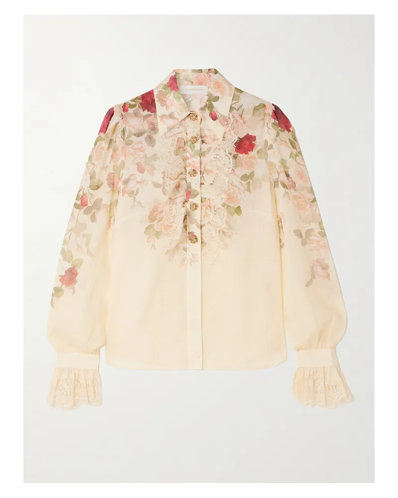 Zimmermann Hemd Aus Ramie Mit Blumenprint Und Spitzenbesätzen - Creme Creme