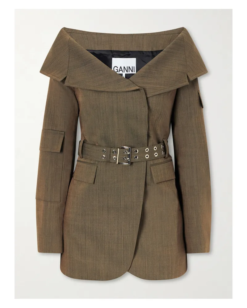 Ganni Belted Wool Blazer - Brown Brown