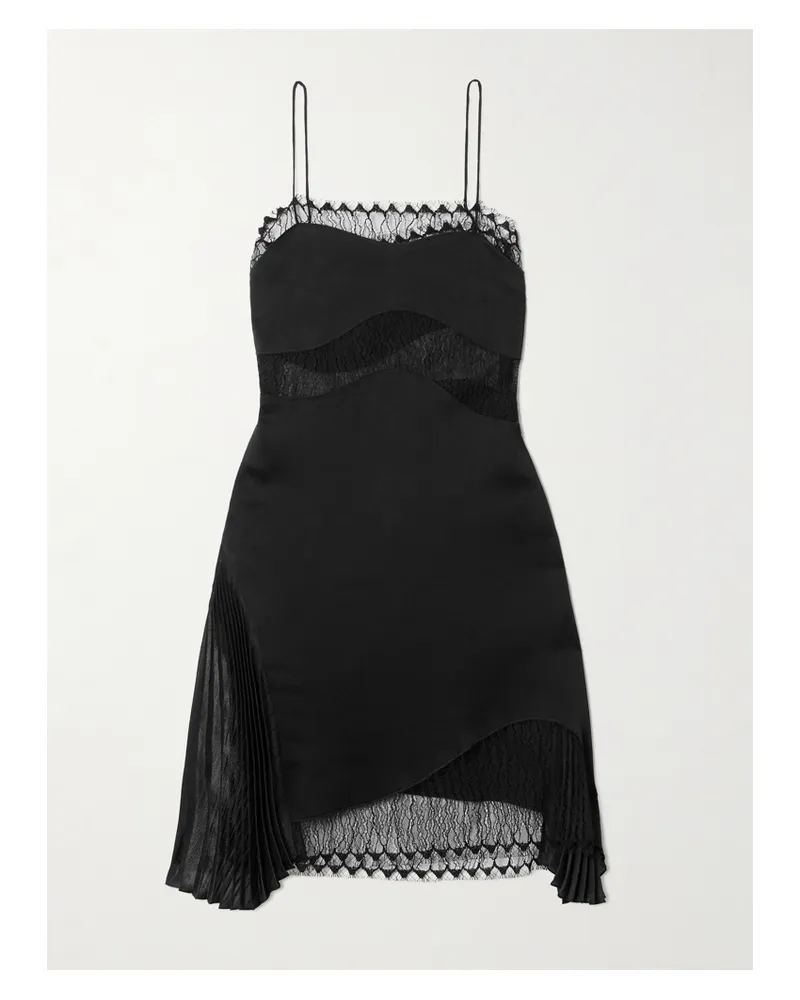 Victoria Beckham Minikleid Aus Glänzendem Crêpe Mit Chiffon- Und Spitzenbesätzen Sowie Plissee - Schwarz Schwarz