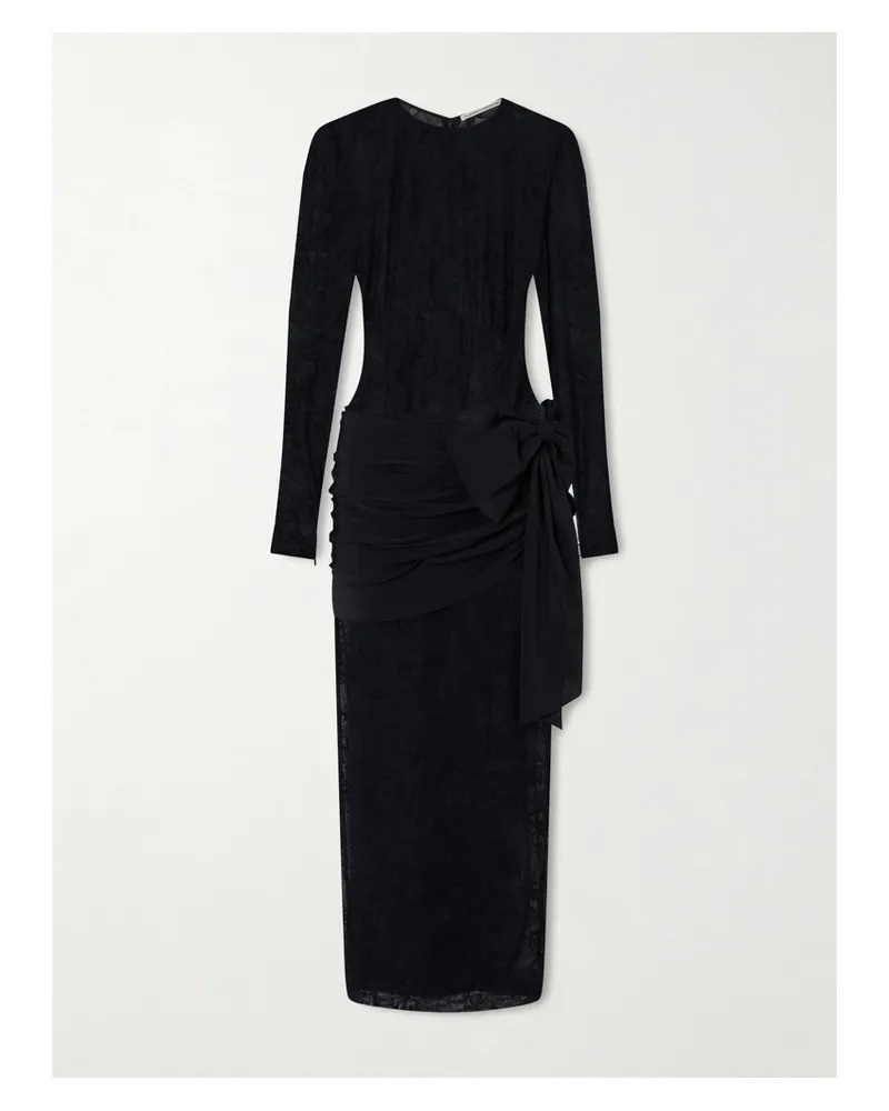 Alessandra Rich Bow-detailed Gathered Lace And Silk-crepe Midi Dress - Black Black