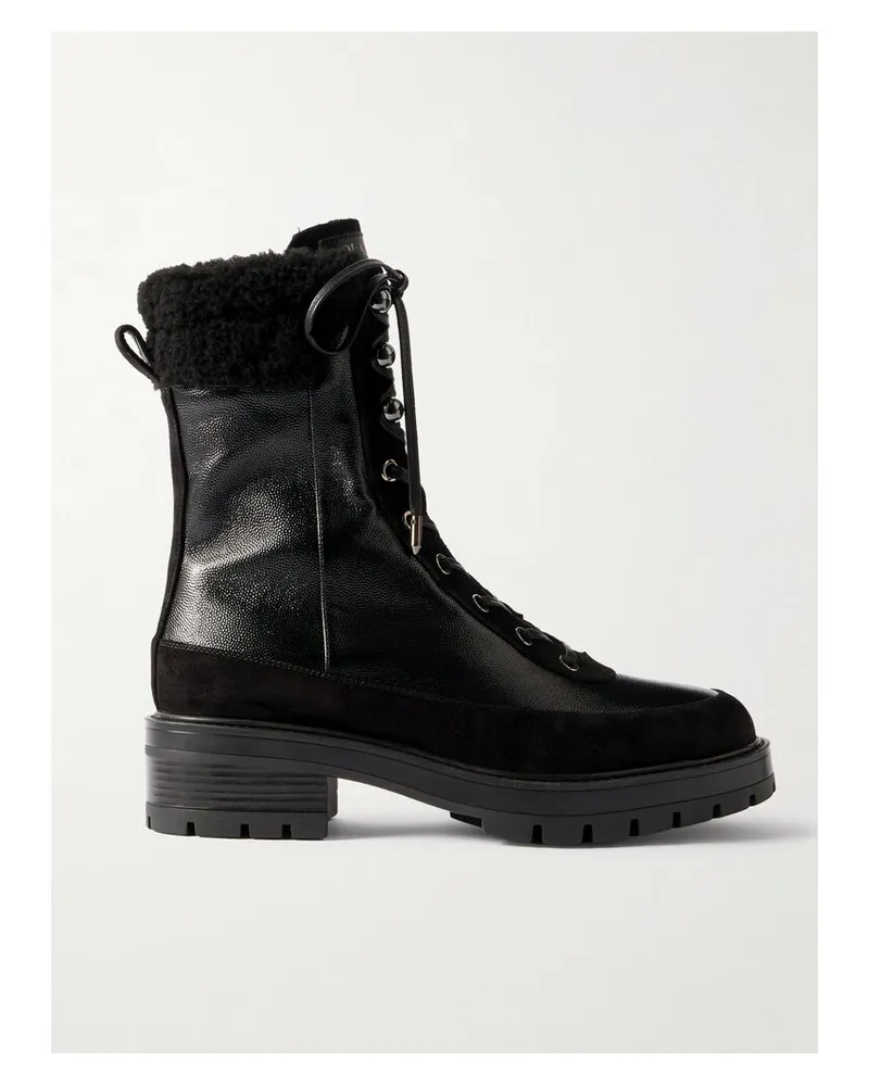Aquazzura Very Cortina 20 Schnürstiefel Aus Strukturiertem Glanzleder Mit Velourslederbesätzen Und Shearling-futter - Schwarz Schwarz