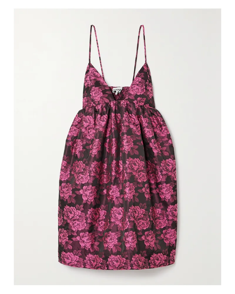 Ganni Net Sustain Minikleid Aus Jacquard Mit Recycelten Fasern, Blumenprint Und Raffungen - Pink Pink