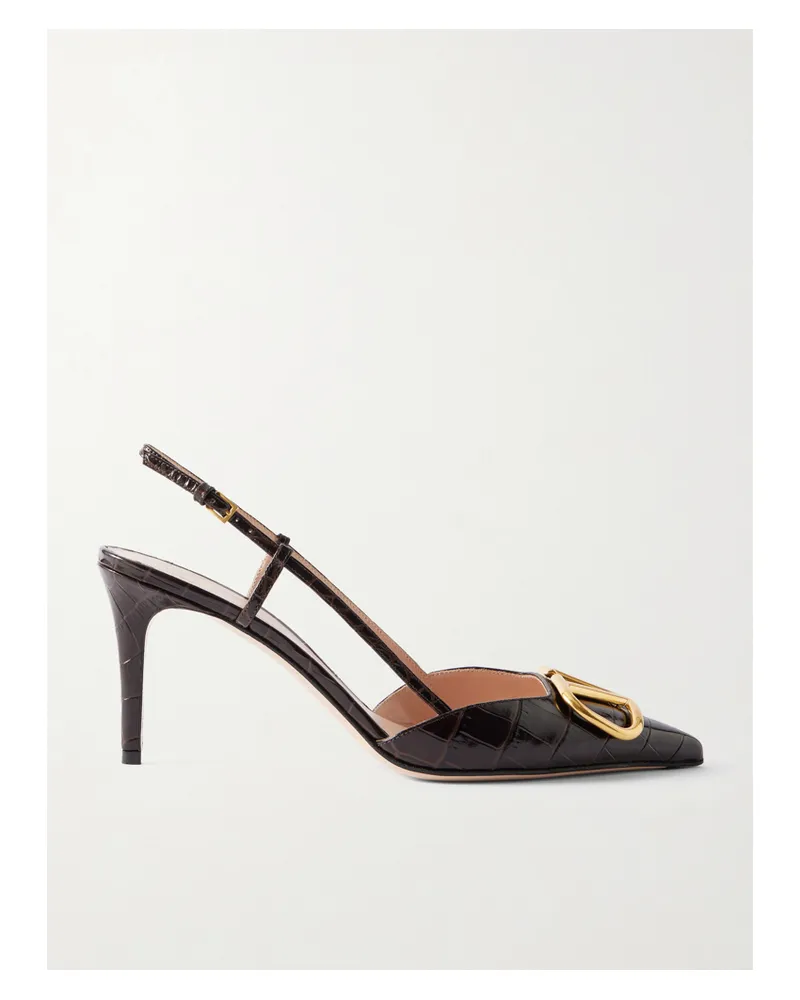 Valentino Garavani Vlogo 80 Embellished Croc-effect Leather Slingback Pumps - Brown Brown