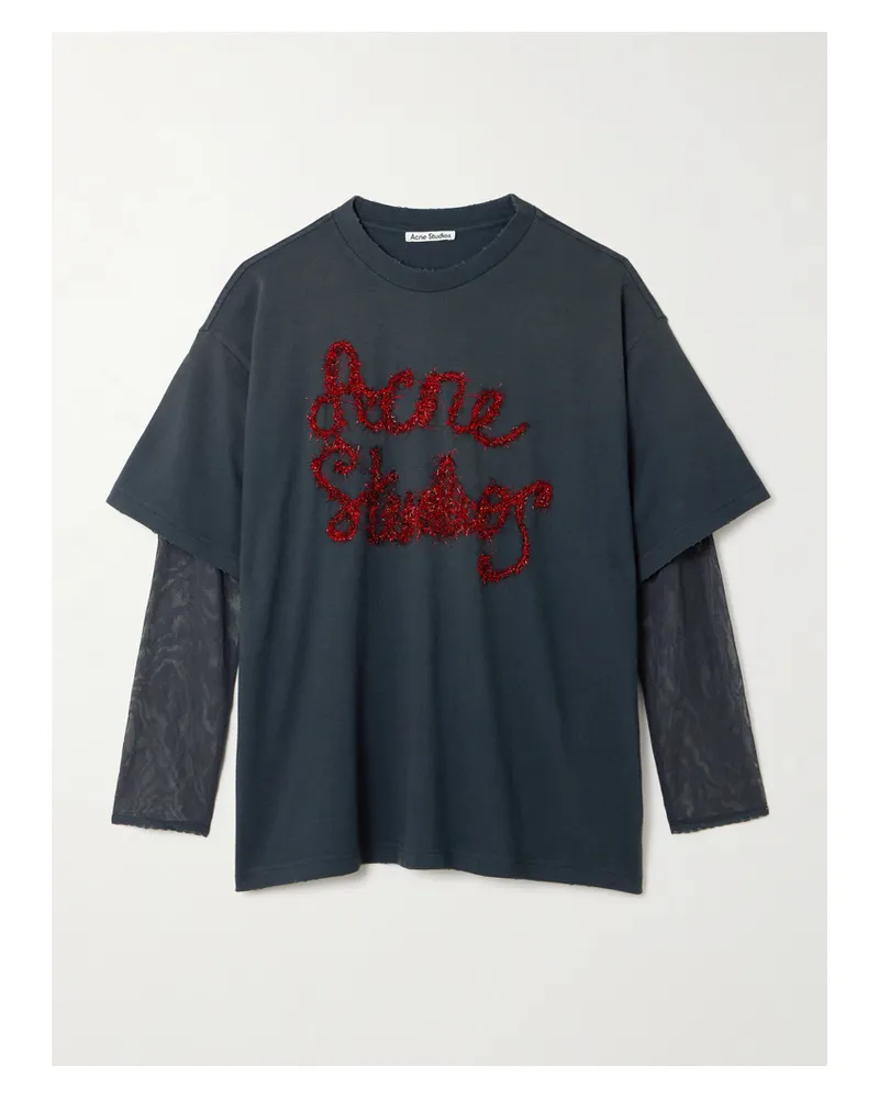 Acne Studios Tinsel-trimmed Layered Cotton-jersey And Mesh T-shirt - Gray Gray
