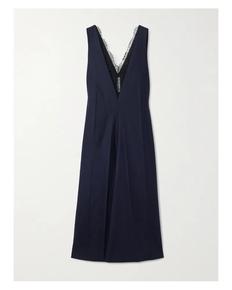 Carven Midikleid Aus Wollflanell Und Satin In Knitteroptik Mit Chantilly-spitzenbesatz - Schwarz Schwarz