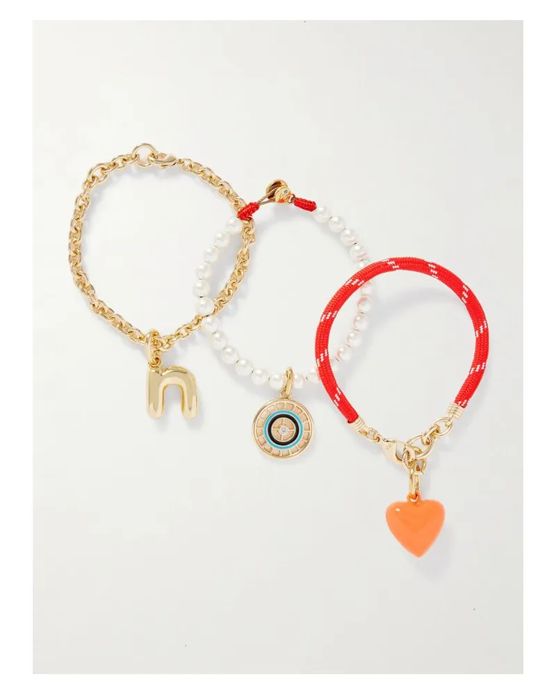 Roxanne Assoulin The Happy Heart Trio Set Aus Drei Armbändern Mit Kordel, Kunstperlen, Kristallen, Emaille Und Goldfarbenen Details - Rot Rot