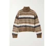 Cropped Brushed Intarsia-knit Turtleneck Sweater - Brown