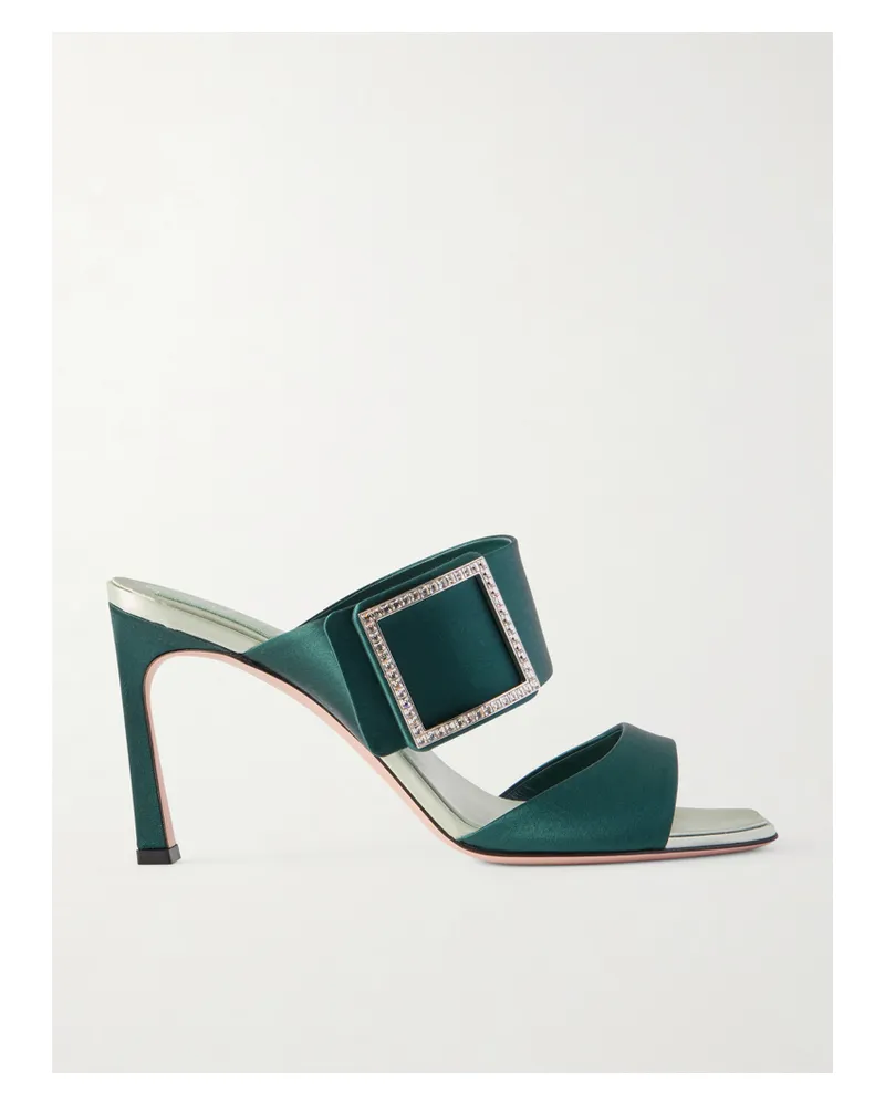 Roger Vivier Trompette 85 Crystal-embellished Satin Mules - Green Green