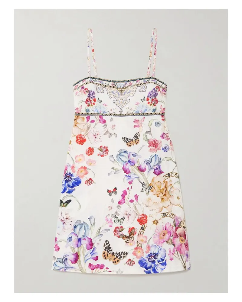 Camilla Minikleid Aus Leinen Mit Blumenprint Und Verzierungen - Weiß Weiß