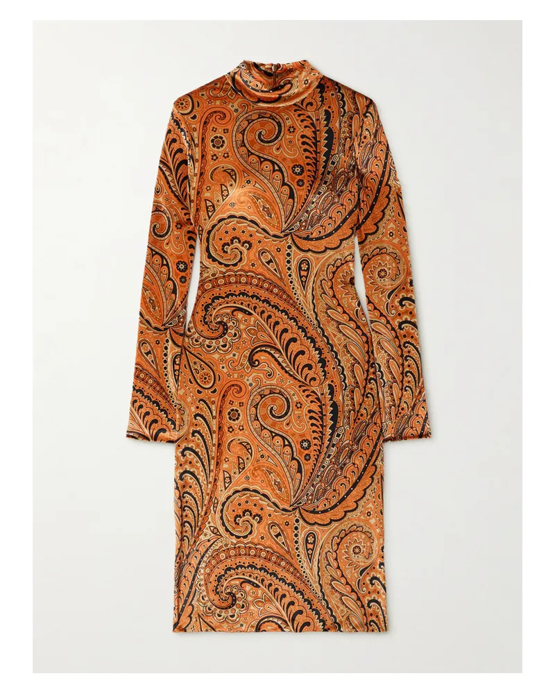 Etro Midikleid Aus Samt Mit Paisley-print Und Stehkragen - Orange Orange