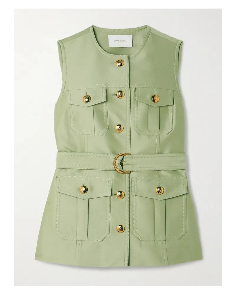 Zimmermann Luna Belted Wool And Silk-blend Vest - Green Green