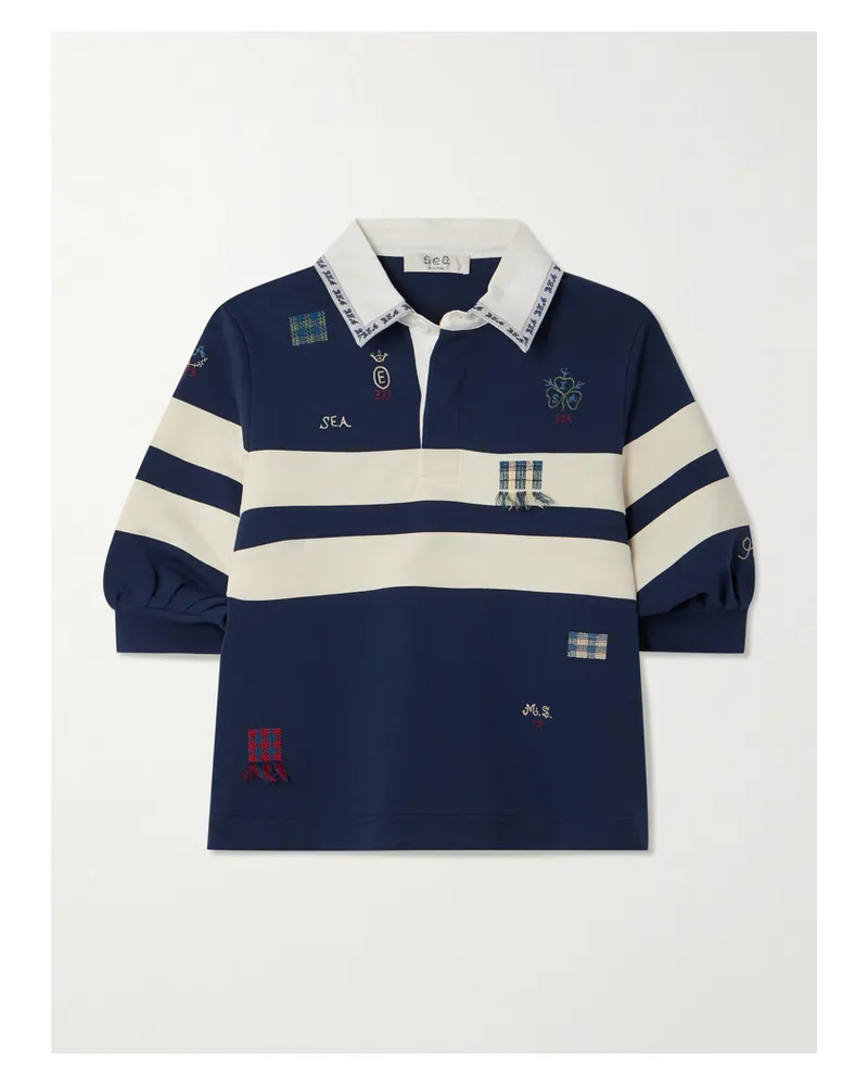 Sea Claira Embroidered Striped Cotton-jersey Polo Shirt - Blue Blue