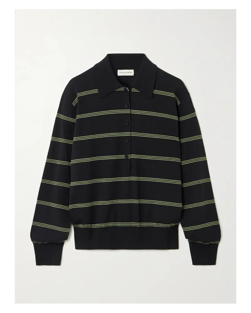 Dries van Noten Striped Merino Wool Polo Shirt - Black Black