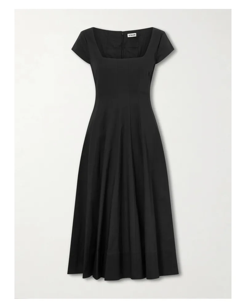STAUD Wells Paneled Cotton-blend Poplin Midi Dress - Black Black