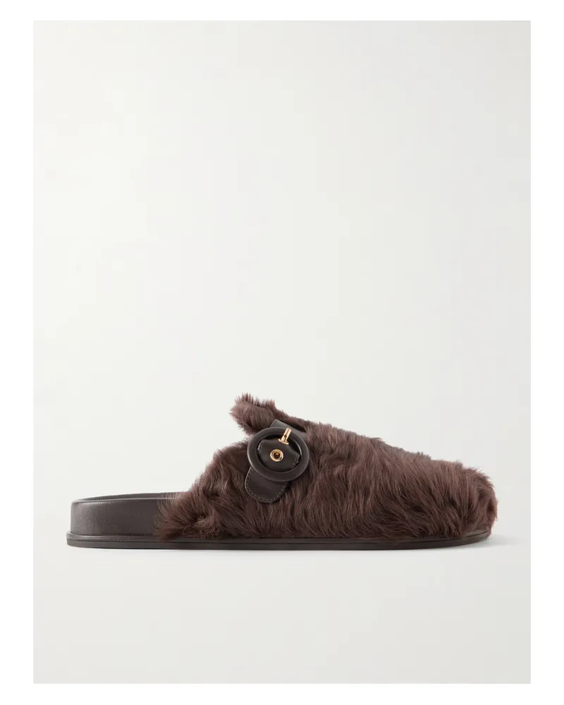 Aquazzura Cuddle Buckled Leather-trimmed Shearling Mules - Brown Brown