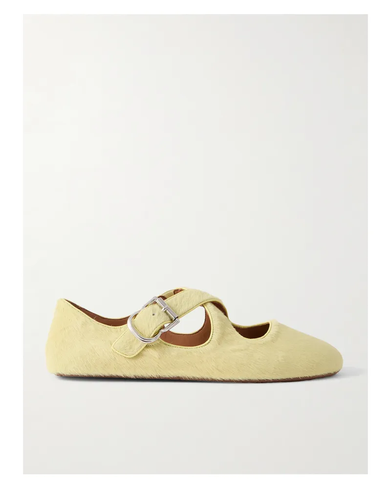 Alaïa Criss Cross Leather-trimmed Calf Hair Ballet Flats - Yellow Yellow