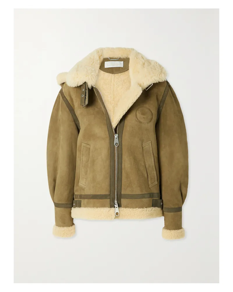 Chloé Shearling-jacke Mit Velourslederbesatz Und Kapuze - Grün Grün
