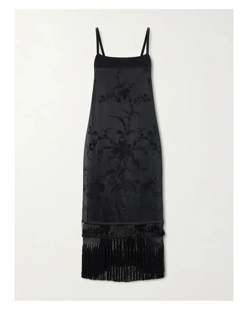 BODE Fringed Embroidered Silk-satin Midi Dress - Black Black