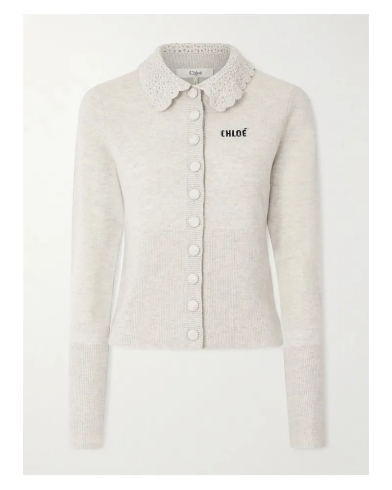 Chloé Crochet-trimmed Logo-detailed Wool Cardigan - Gray Gray