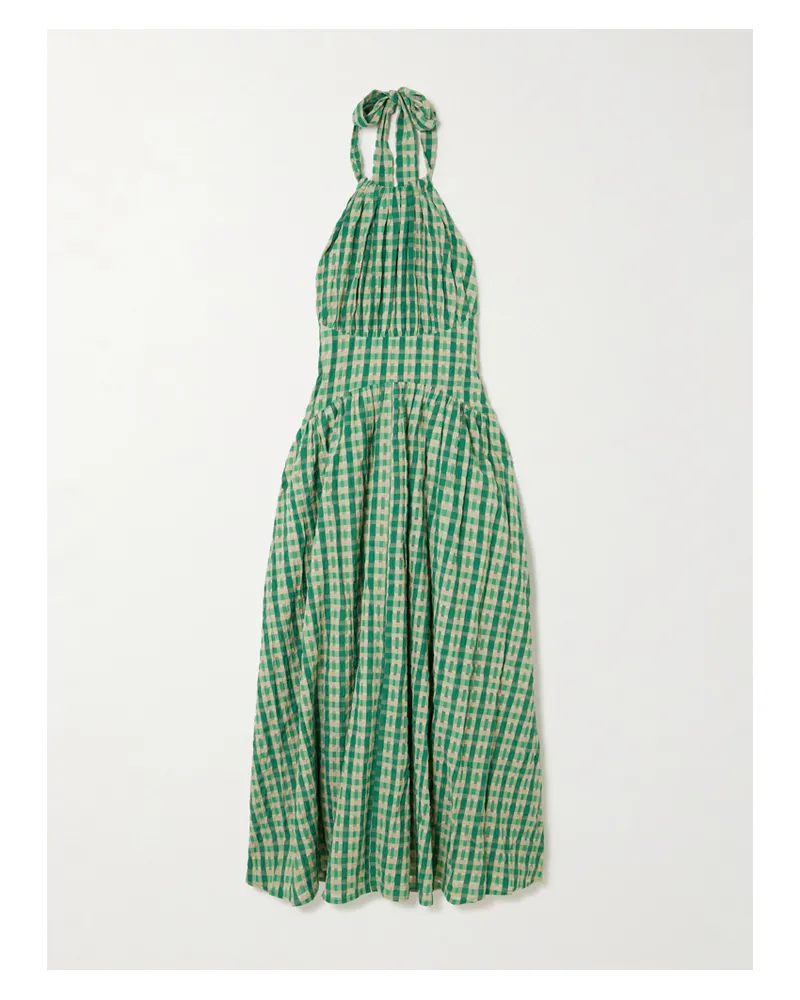 Rosie Assoulin Halter In The Name Of Love Gathered Checked Seersucker Halterneck Midi Dress - Green Green