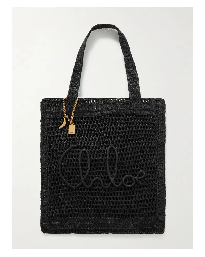 Chloé Summer Banana Tote Aus Gehäkeltem Raffiabastimitat Mit Stickerei Und Verzierungen - Schwarz Schwarz