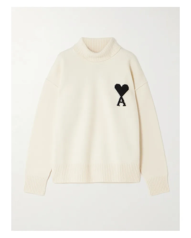 AMI Paris Oversized-rollkragenpullover Aus Wolle Mit Intarsienmotiv - Creme Creme