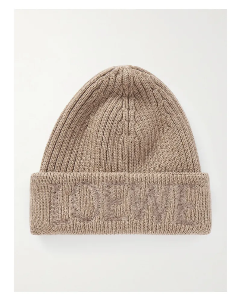 Loewe Embroidered Ribbed Wool Beanie - Neutrals Neutrals