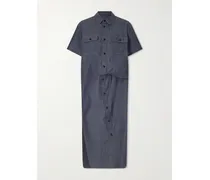Gathered Denim Midi Dress - Blue