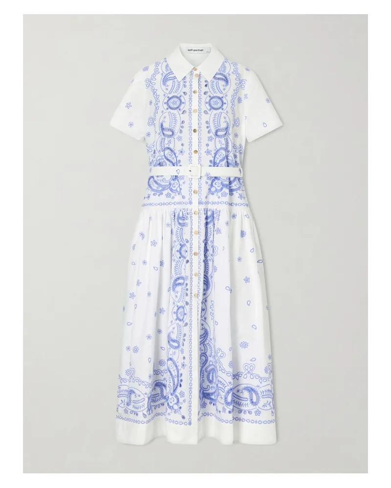 Self-Portrait Belted Embroidered Cotton-poplin Midi Shirt Dress - White White