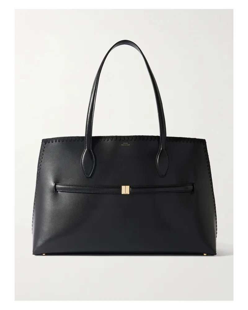 Totême Lounge Belted Whipstitched Leather Tote - Black Black
