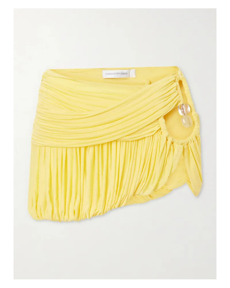 Christopher Esber Embellished Cutout Pleated Jersey Mini Skirt - Yellow Yellow