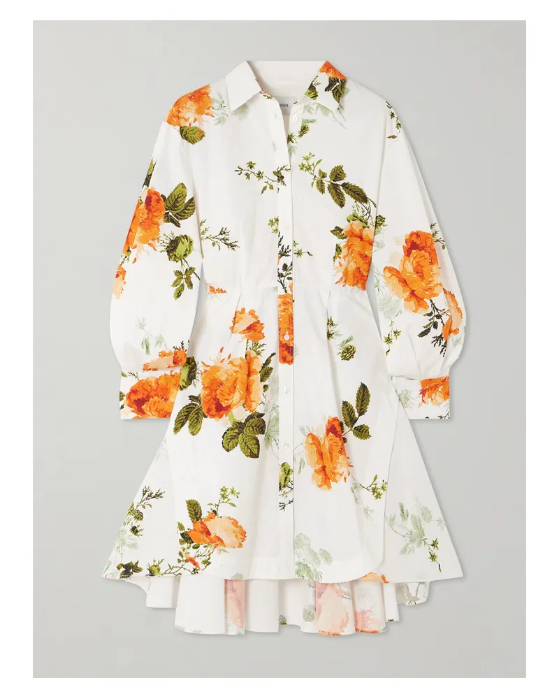 Erdem Asymmetrisches Mini-hemdblusenkleid Aus Baumwollpopeline Mit Blumenprint Und Falten - Weiß Weiß