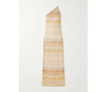 One-shoulder Sequin-embellished Striped Metallic Crochet-knit Maxi Dress - Gold