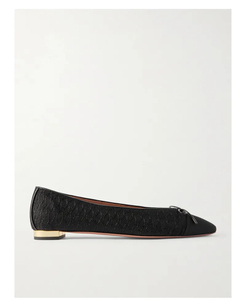 Aquazzura Gioia Bow-detailed Grosgrain And Leather-trimmed Crocheted Ballet Flats - Black Black
