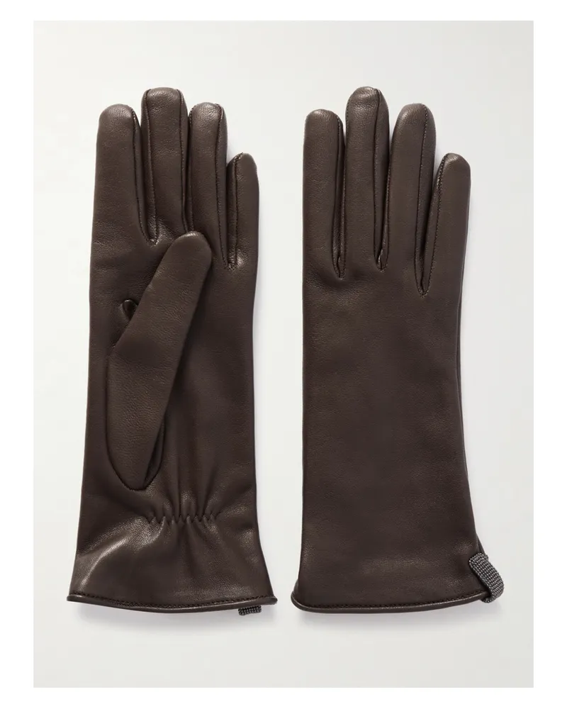 Brunello Cucinelli Bead-embellished Leather Gloves - Brown Brown