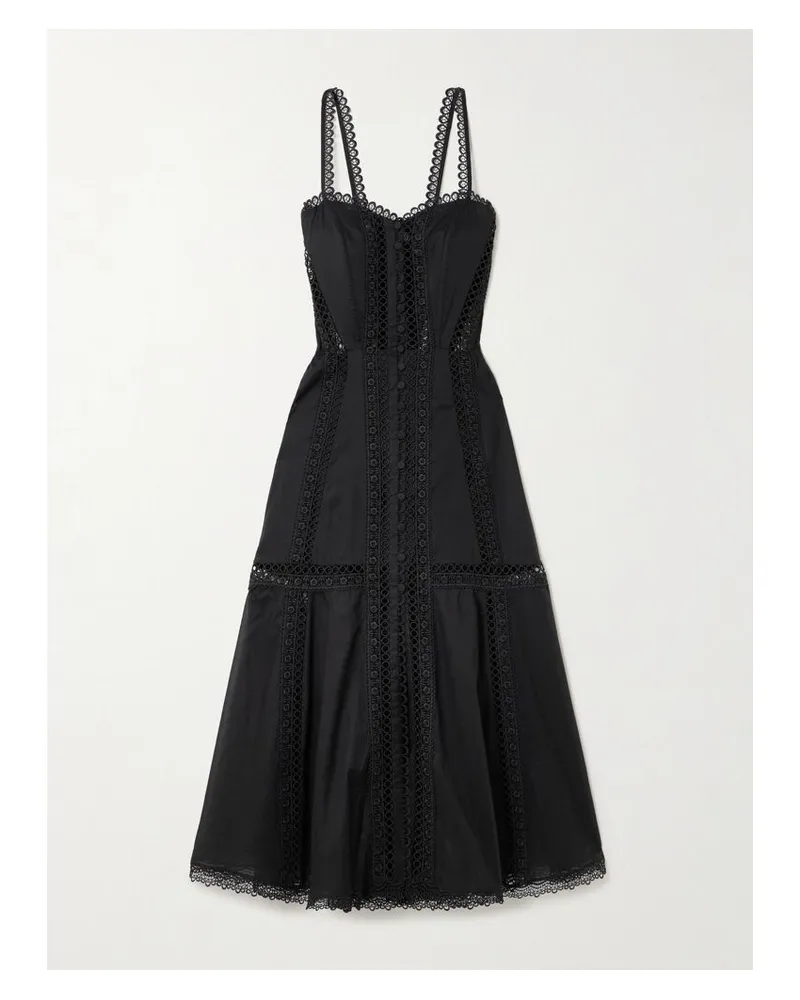 Charo Ruiz Dafelle Midikleid Aus Voile Aus Einer Baumwollmischung Mit Einsätzen Aus Guipure-spitze Und Wellenkanten - Schwarz Schwarz