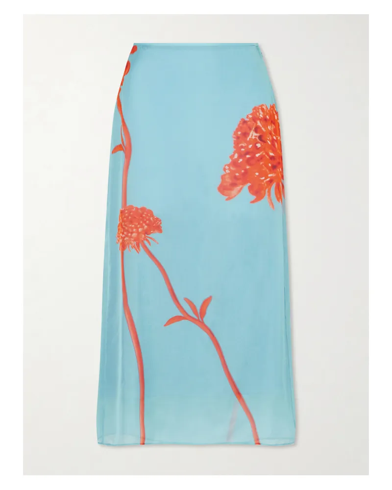 SIR Amelie Floral-printed Silk-chiffon Midi Skirt - Blue Blue