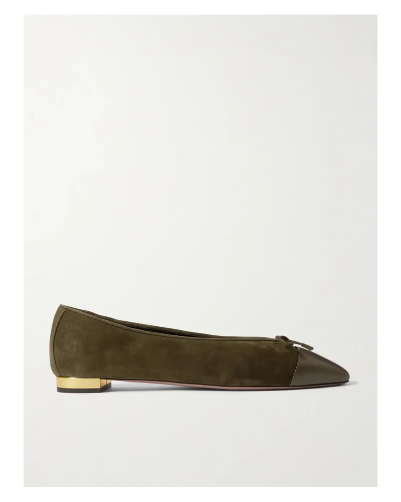 Aquazzura Gioia Zweifarbige Ballerinas Aus Veloursleder Mit Lederbesatz Und Schleife - Grün Grün