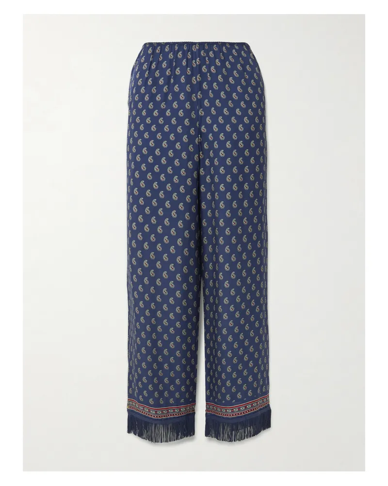 DÔEN Lavon Fringed Paisley-print Silk Straight-leg Pants - Blue Blue