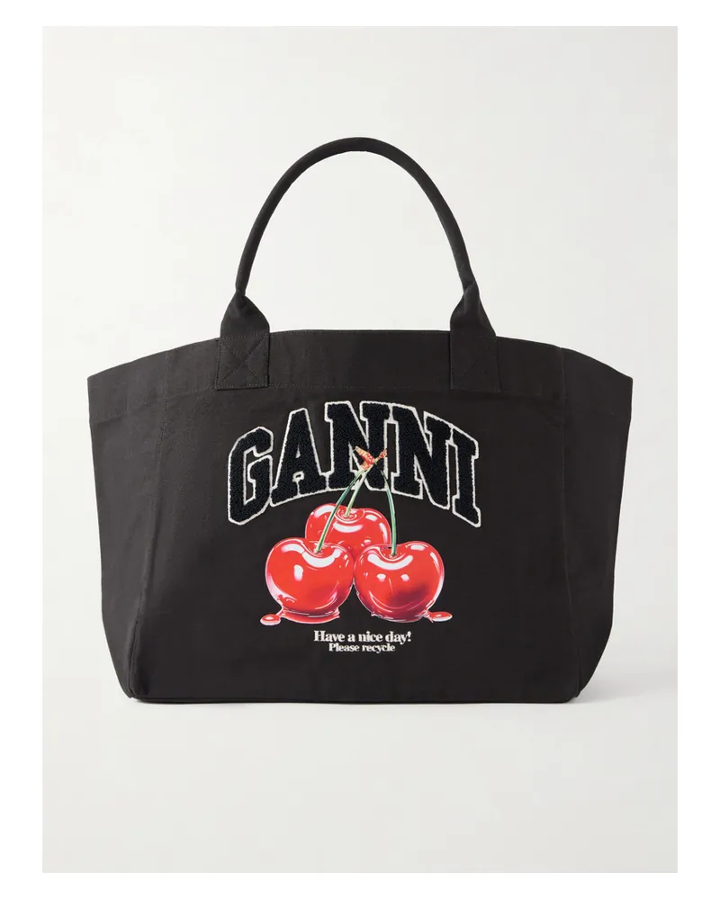Ganni Xxl Cherry Appliquéd Recycled-cotton Canvas Tote Bag - Black Black